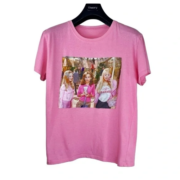 MEAN GIRLS Women's Pink Semi Cropped Crew Neck T-shirt w Movie Scene Graphic L - Picture 2 of 4
